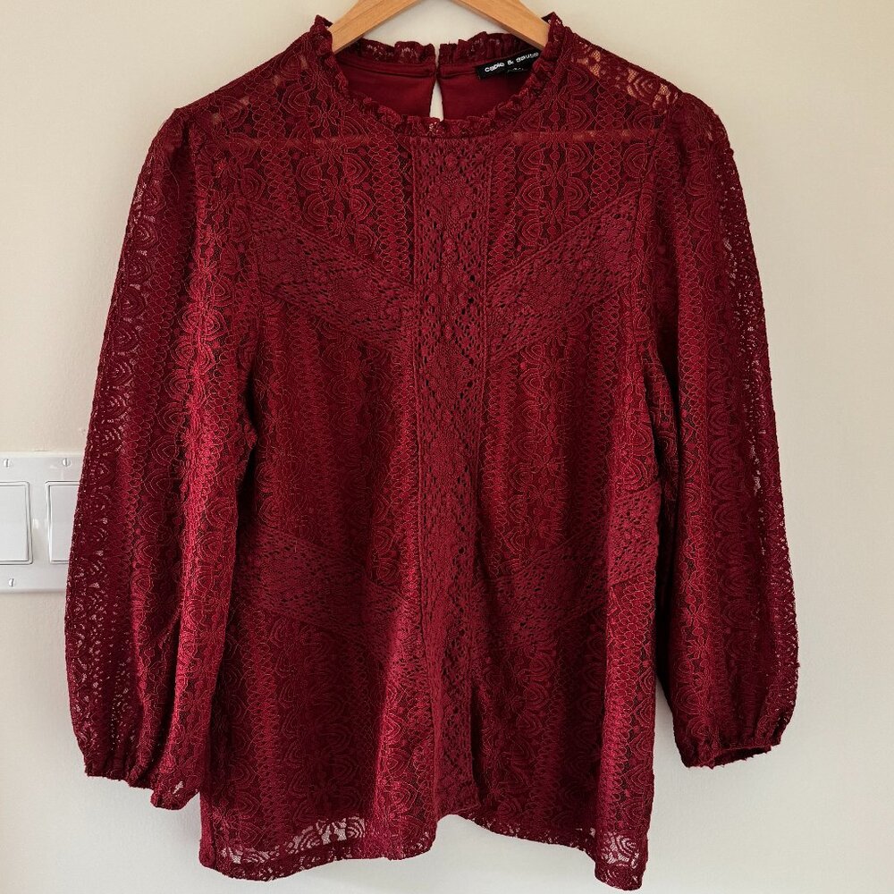 Cable & Gauge Burgundy Lace Blouse Romantic Long Sleeve Top